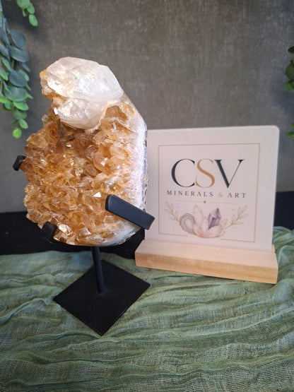 Citrien op standaard met calciet en sugardruzy